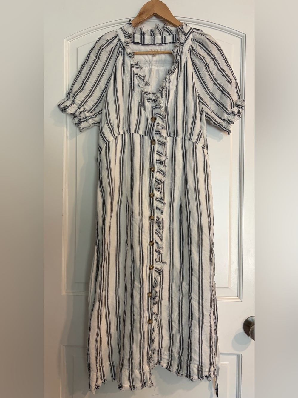 Anthropologie Pilcro Striped Linen-blend Farmhouse Dress Frayed Hemlines M